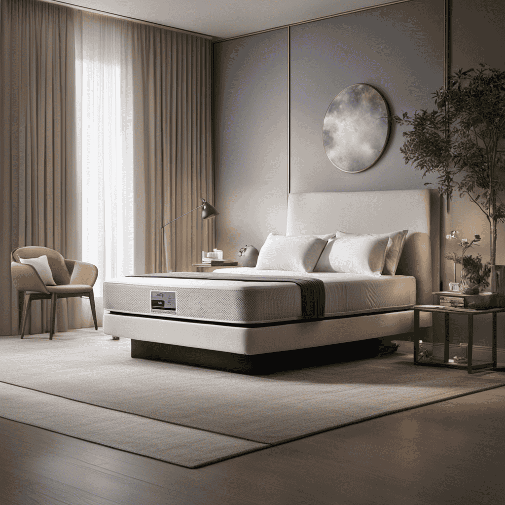 An image showcasing a serene bedroom scene with an air purifier quietly operating in the corner, capturing and eliminating airborne allergens like dust mites, pollen, and pet dander, ensuring a clean and refreshing environment for a restful sleep