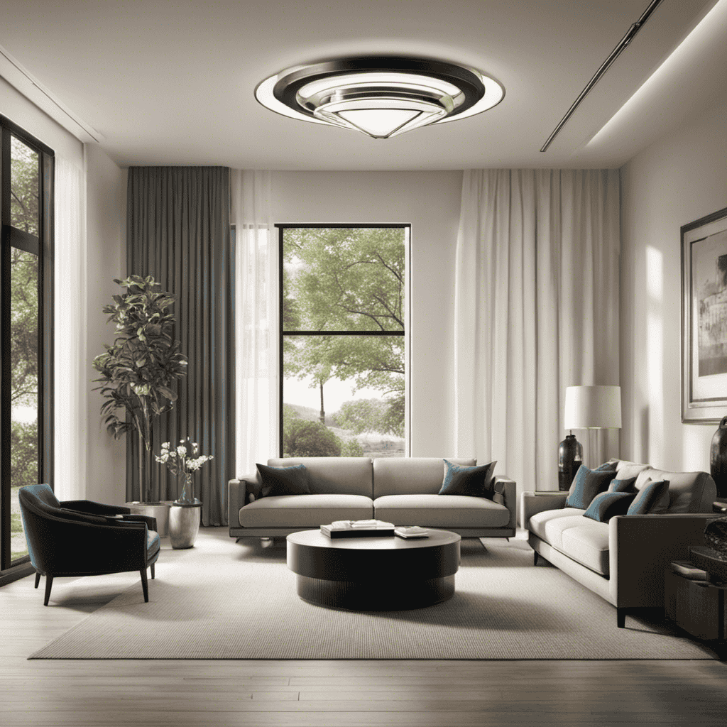 An image that showcases an elegant living room with rays of purified air flowing seamlessly from an Ionic Air Purifier, capturing the essence of freshness, purity, and a serene environment