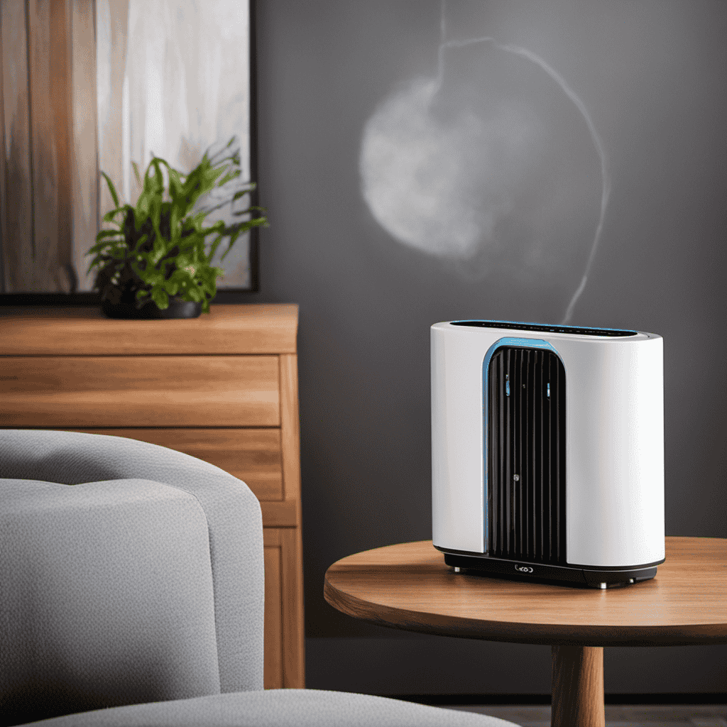 An image showcasing an ionizer air purifier in action: a sleek device releasing millions of negatively charged ions that attract and neutralize harmful airborne particles, leaving behind only fresh, clean air