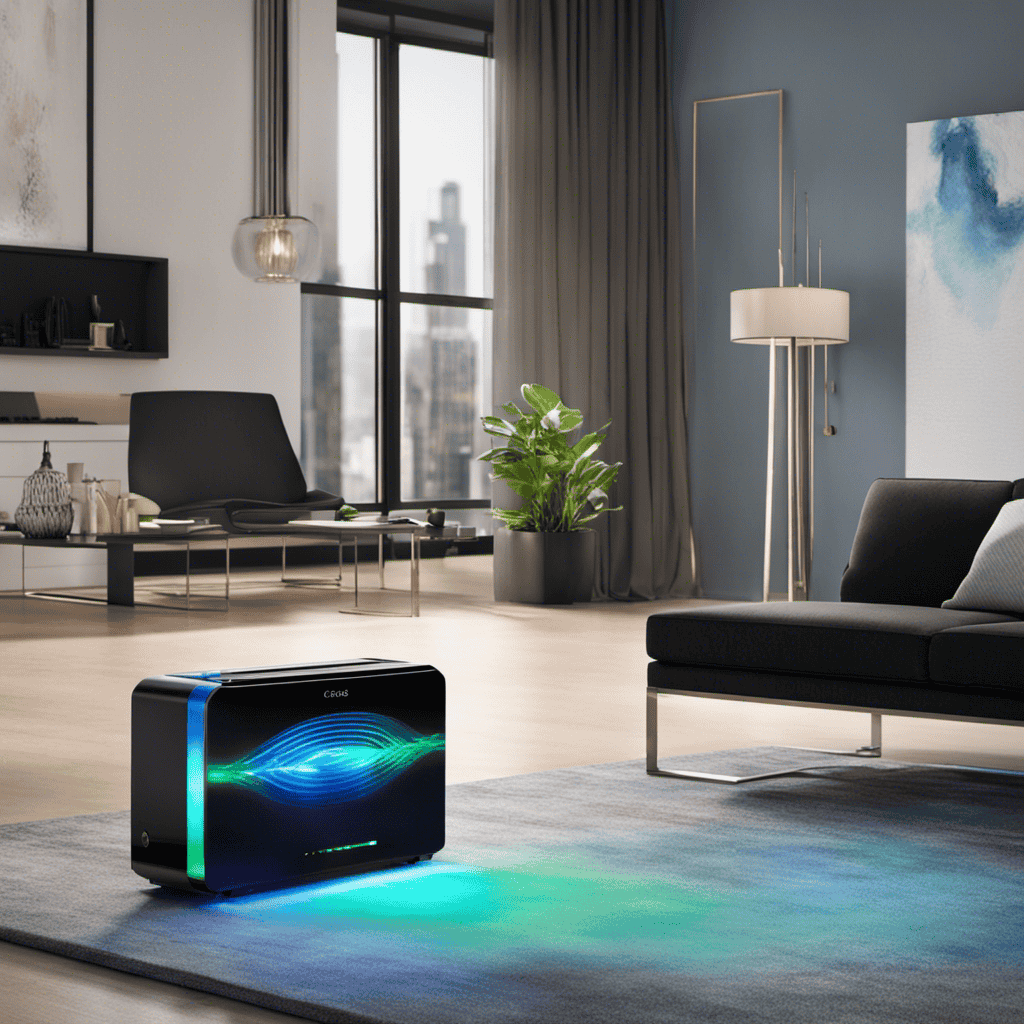 An image that showcases an ionizer in action, with vibrant blue and green lights swirling around a sleek air purifier