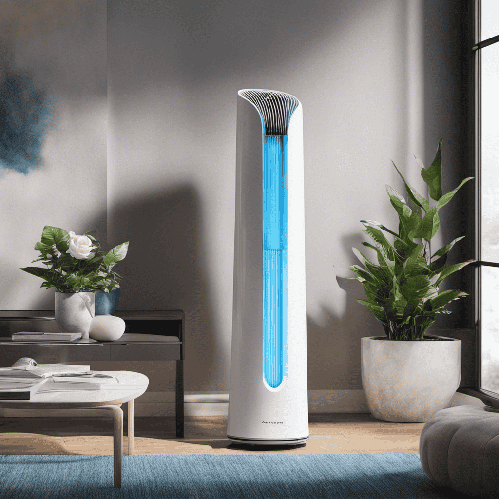 An image showcasing an air purifier emitting a stream of vibrant, electrifying blue anions that gracefully disperse throughout the room, purging pollutants and revitalizing the air