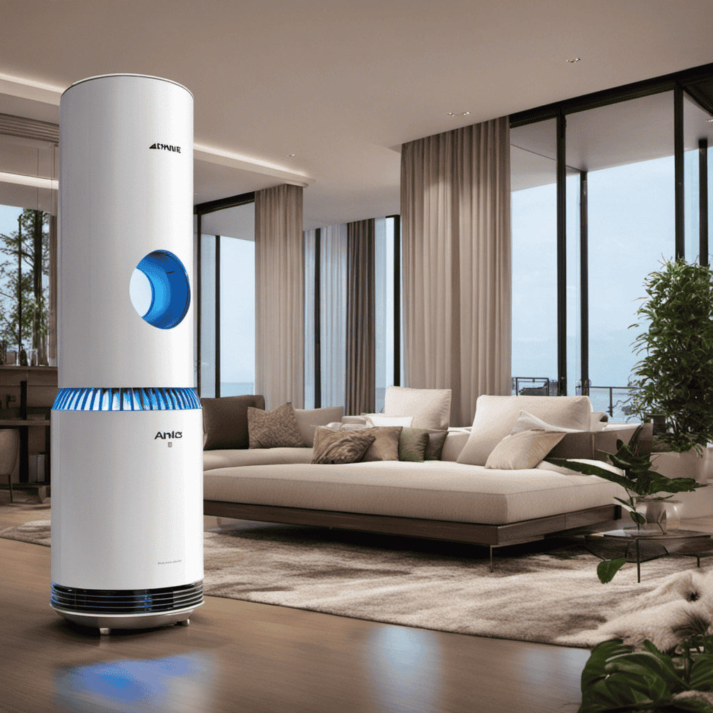 An image showcasing an air purifier releasing tiny, invisible negative ions into the air