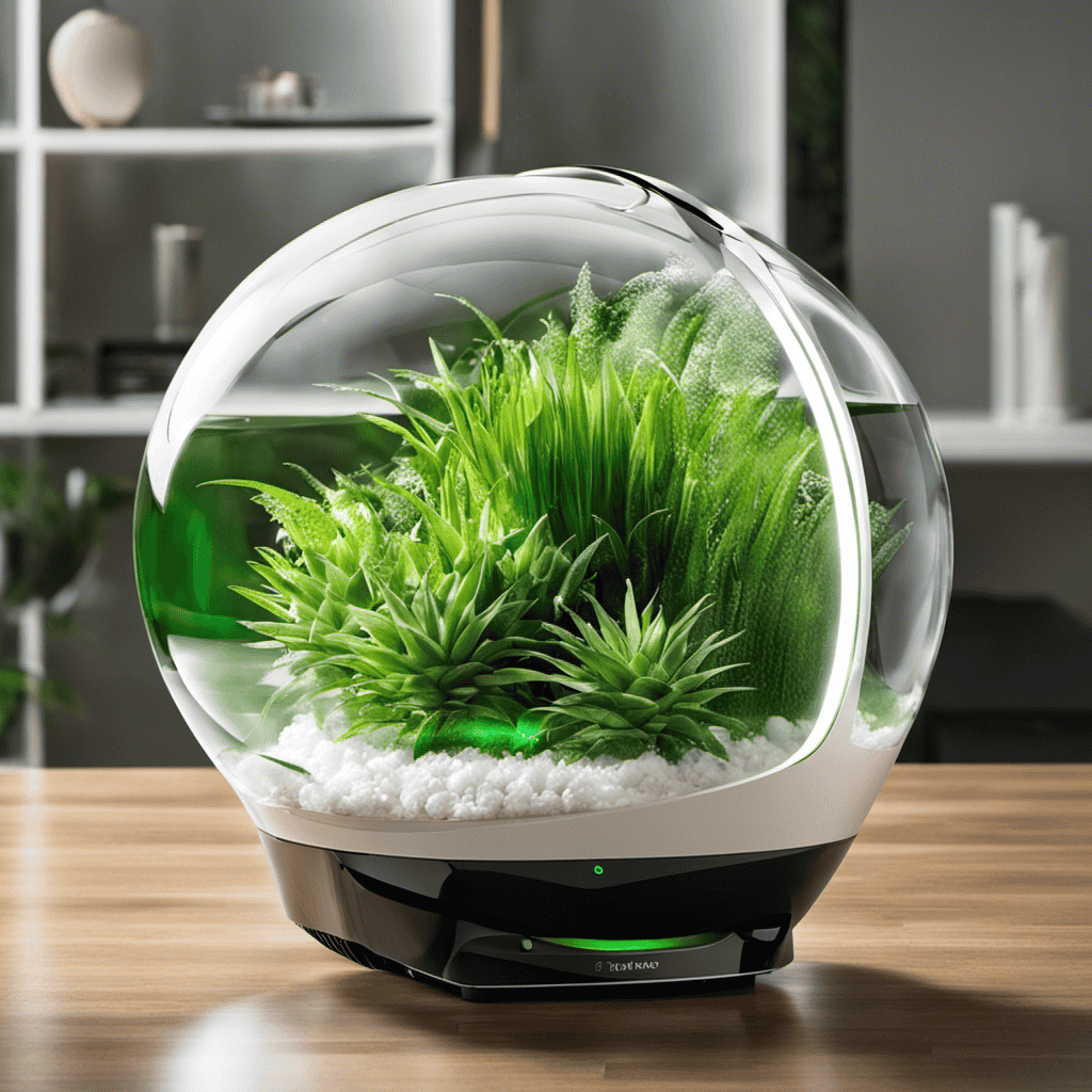 An image showcasing the sleek, modern design of the Breathgreen Air Purifier, surrounded by a transparent bubble indicative of purity and freshness