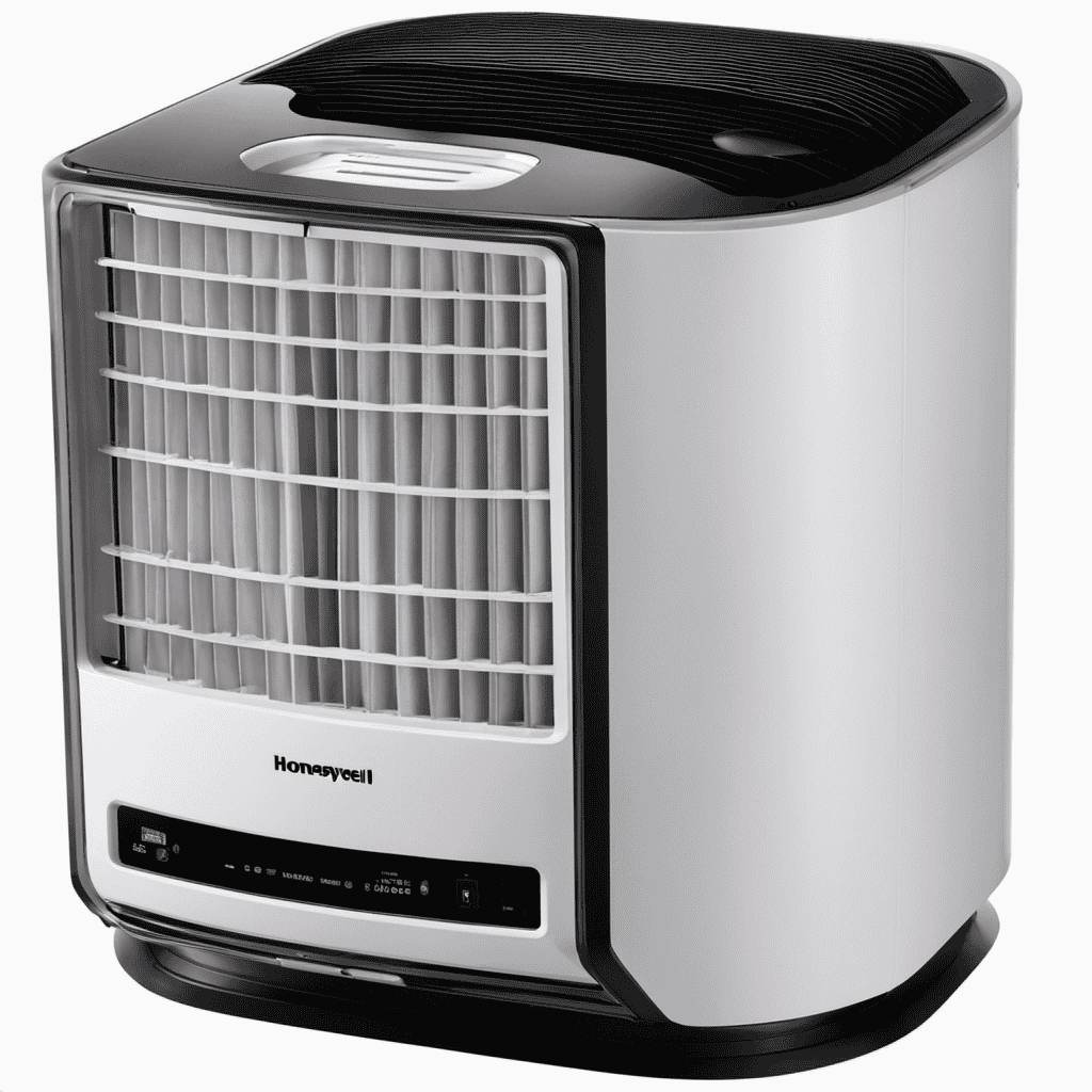 An image showcasing a Honeywell air purifier with a transparent front panel removed, revealing the pre-filter
