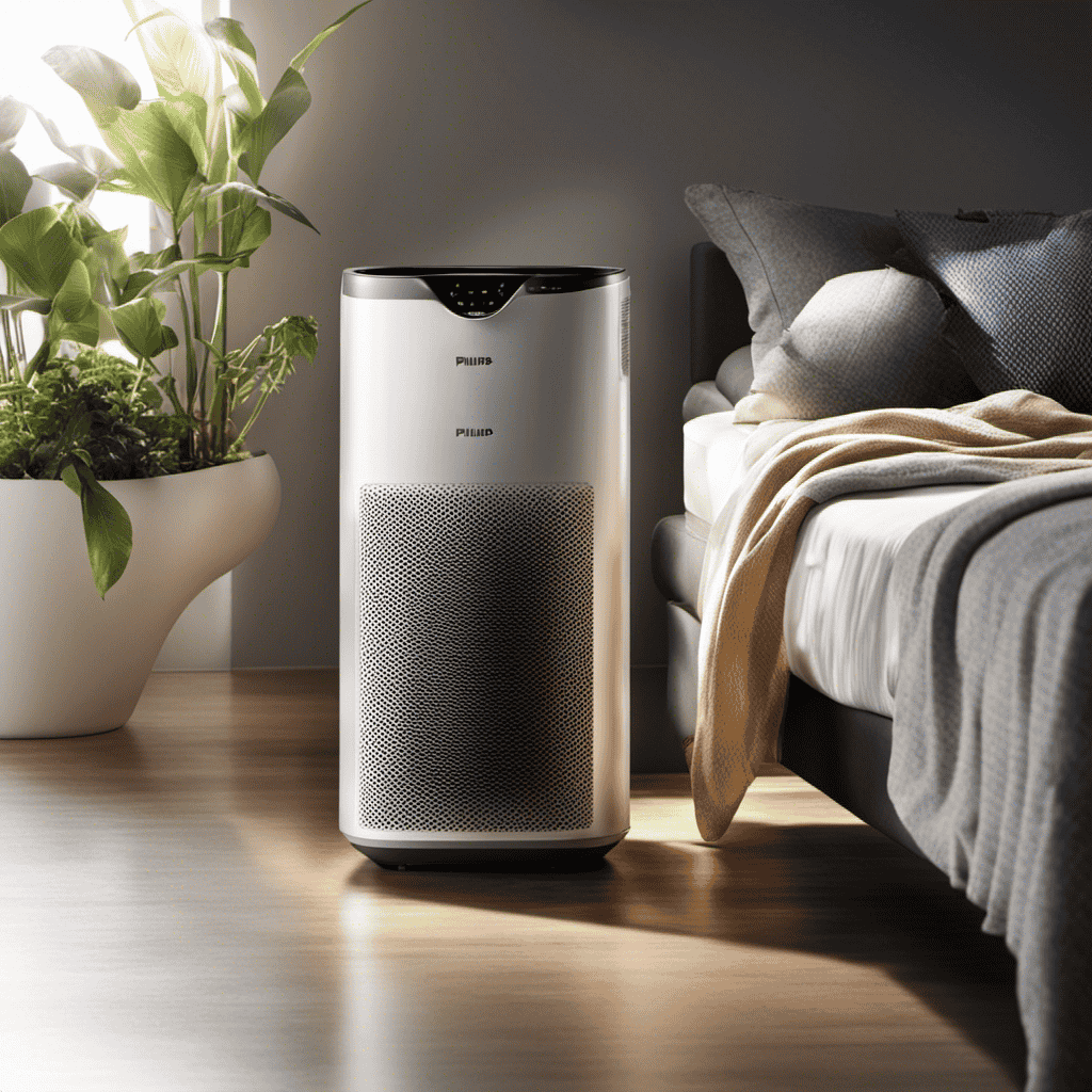 An image featuring a close-up shot of a Philips air purifier with the "Fo" indicator illuminated, capturing the sleek design, the soft glow of the light, and the surrounding clean and fresh environment