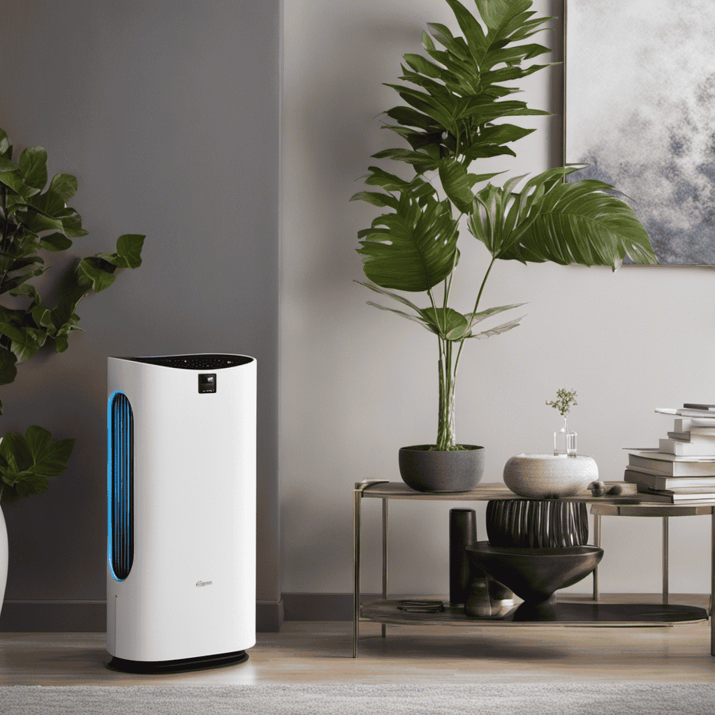 An image showcasing an air purifier emitting a stream of vibrant, shimmering ions that gracefully disperse throughout a room, purifying the air and capturing microscopic pollutants
