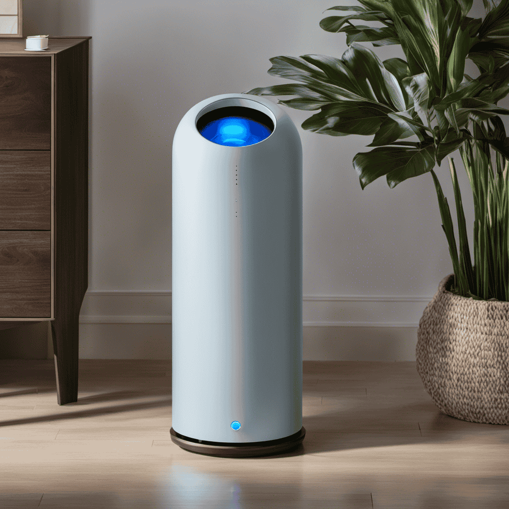 An image showcasing an indoor environment with a sleek and modern ionic air purifier placed in the center
