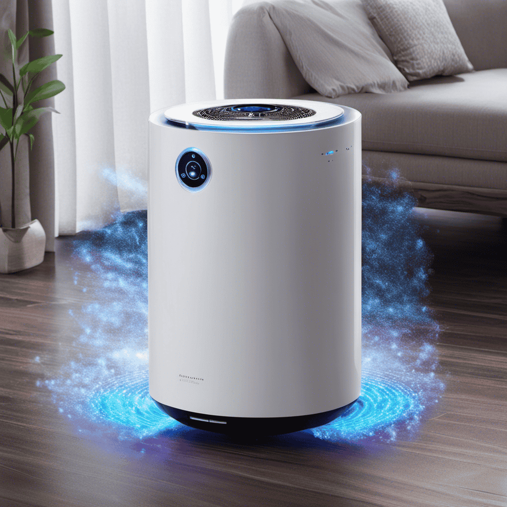 An image showcasing an air purifier emitting a stream of negatively charged ions, visually representing its ionizer function
