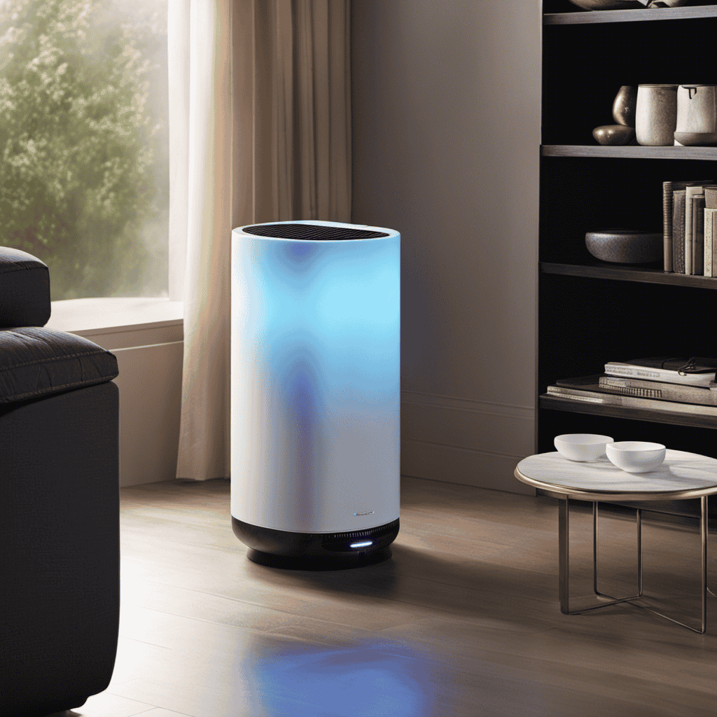 An image showcasing a sleek air purifier emitting a soft, blue glow