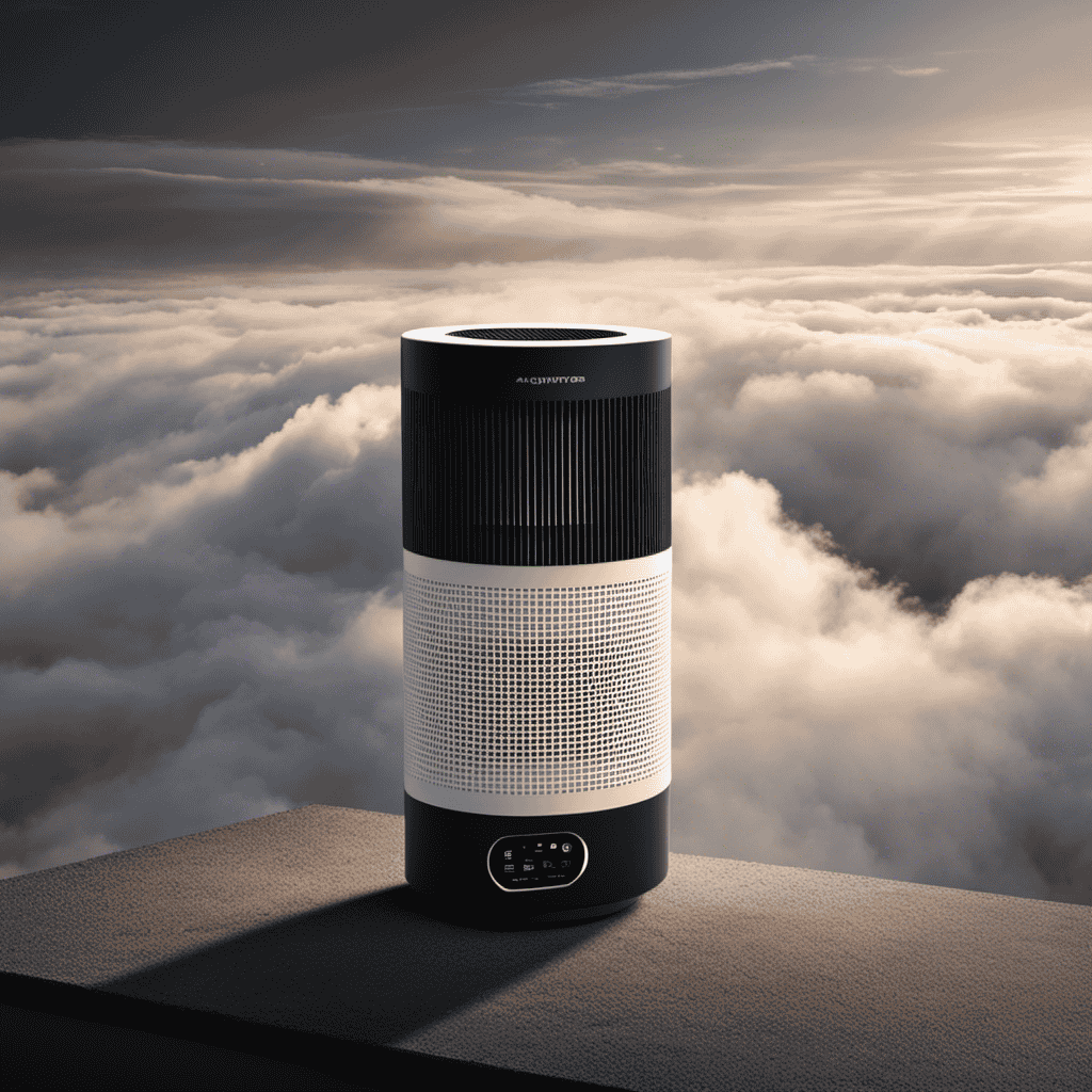 An image depicting an air purifier surrounded by a dense cloud of smog, emphasizing the contrast between the purifier's clean air output and the polluted air it aims to eliminate