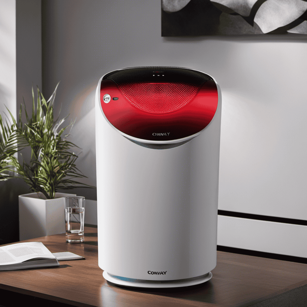 An image depicting the Conway Mighty Air Purifier, featuring a prominent Odo Light illuminated in red, indicating the presence of odorous particles being detected and eliminated, symbolizing the purifier's efficient odor-removal capabilities