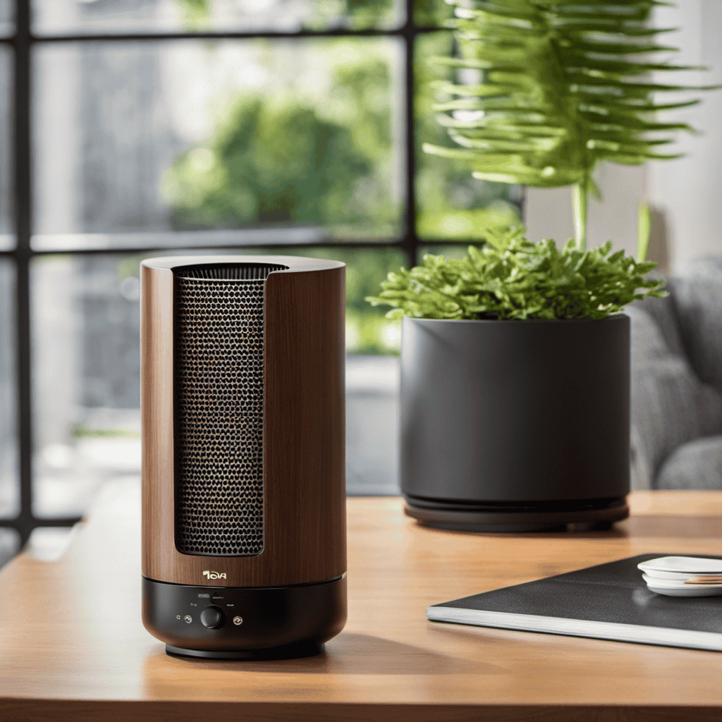 An image showcasing the sleek and compact Ionic Pro Mini Air Purifier, elegantly parked on a wooden desk near a sunlit window