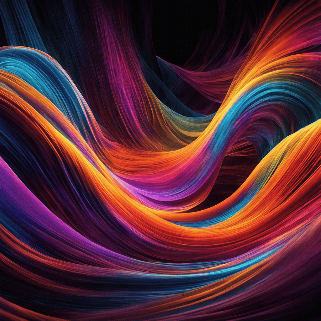 An image showcasing an air purifier emitting streams of vibrant, swirling energy waves in various hues