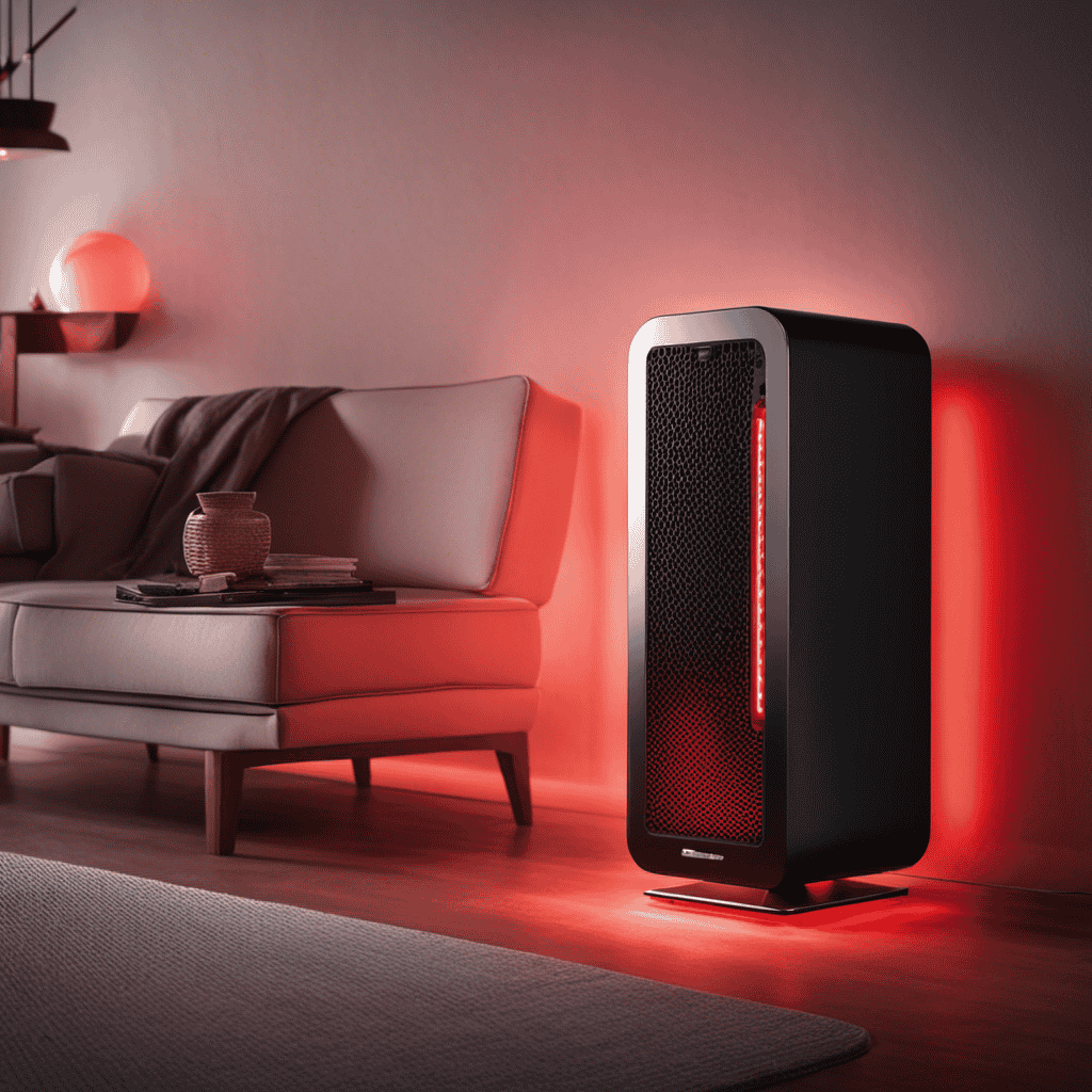 An image showcasing an air purifier with a prominent red light glowing on its control panel