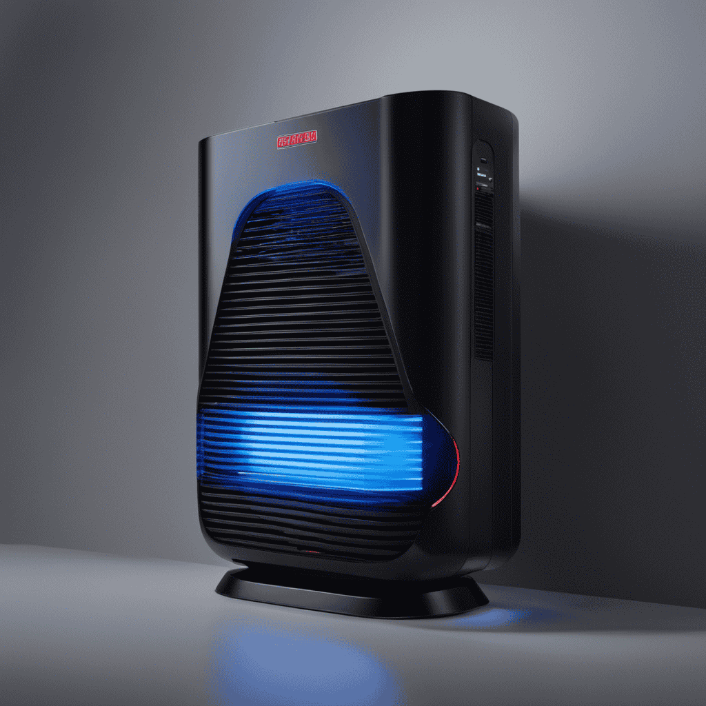 An image that showcases a blue air purifier with a prominent red light indicator glowing, clearly conveying the "red light" symbolizing an issue or warning