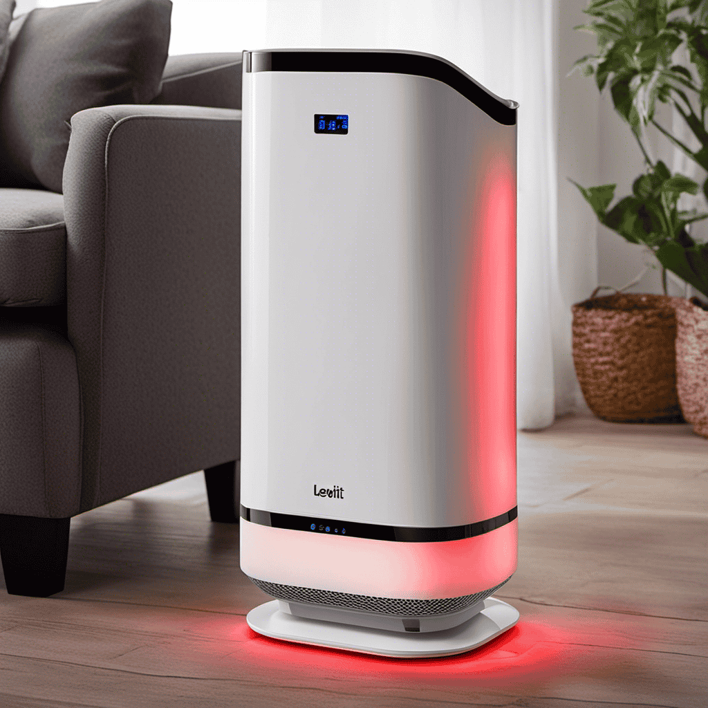 An image of a Levoit air purifier with a prominent red light glowing on the control panel, indicating a warning or error