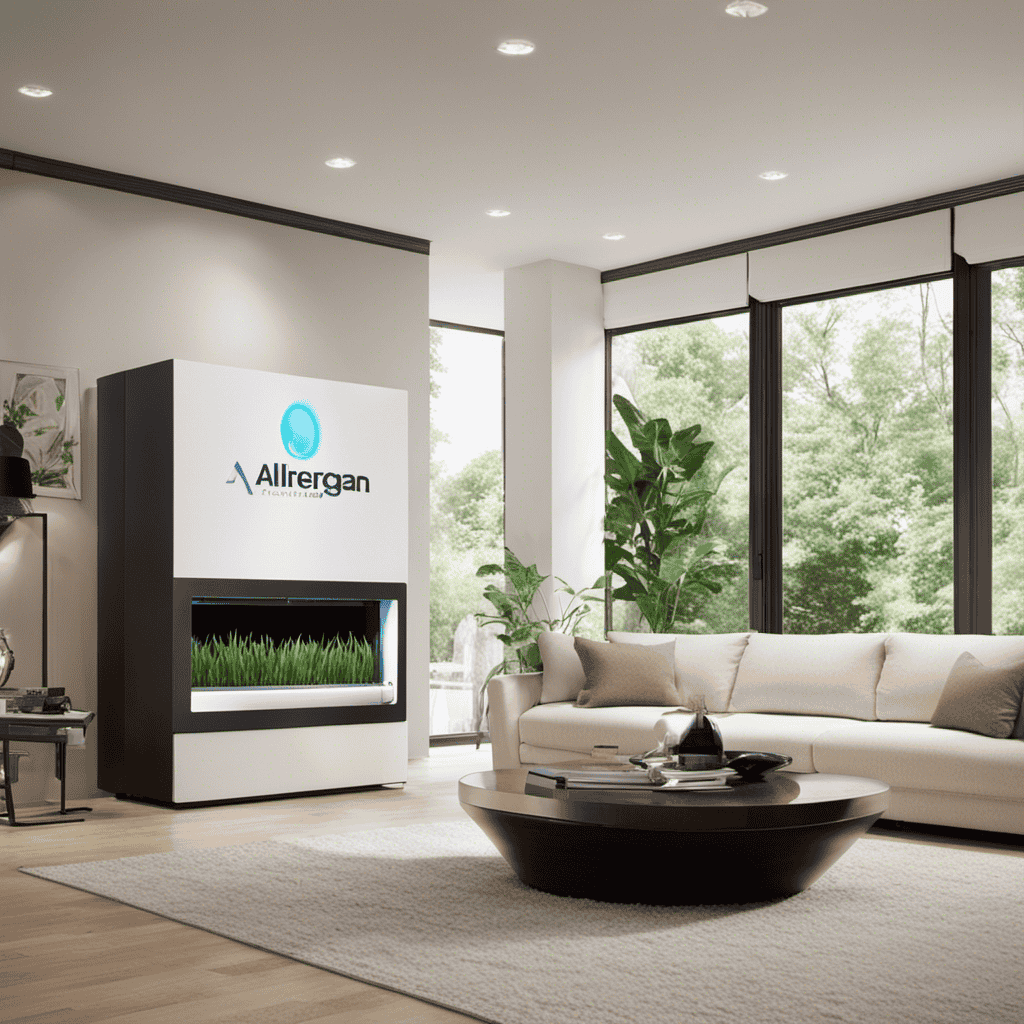 An image showcasing an air purifier with the Allergan logo prominently displayed, surrounded by a clean and fresh living room environment
