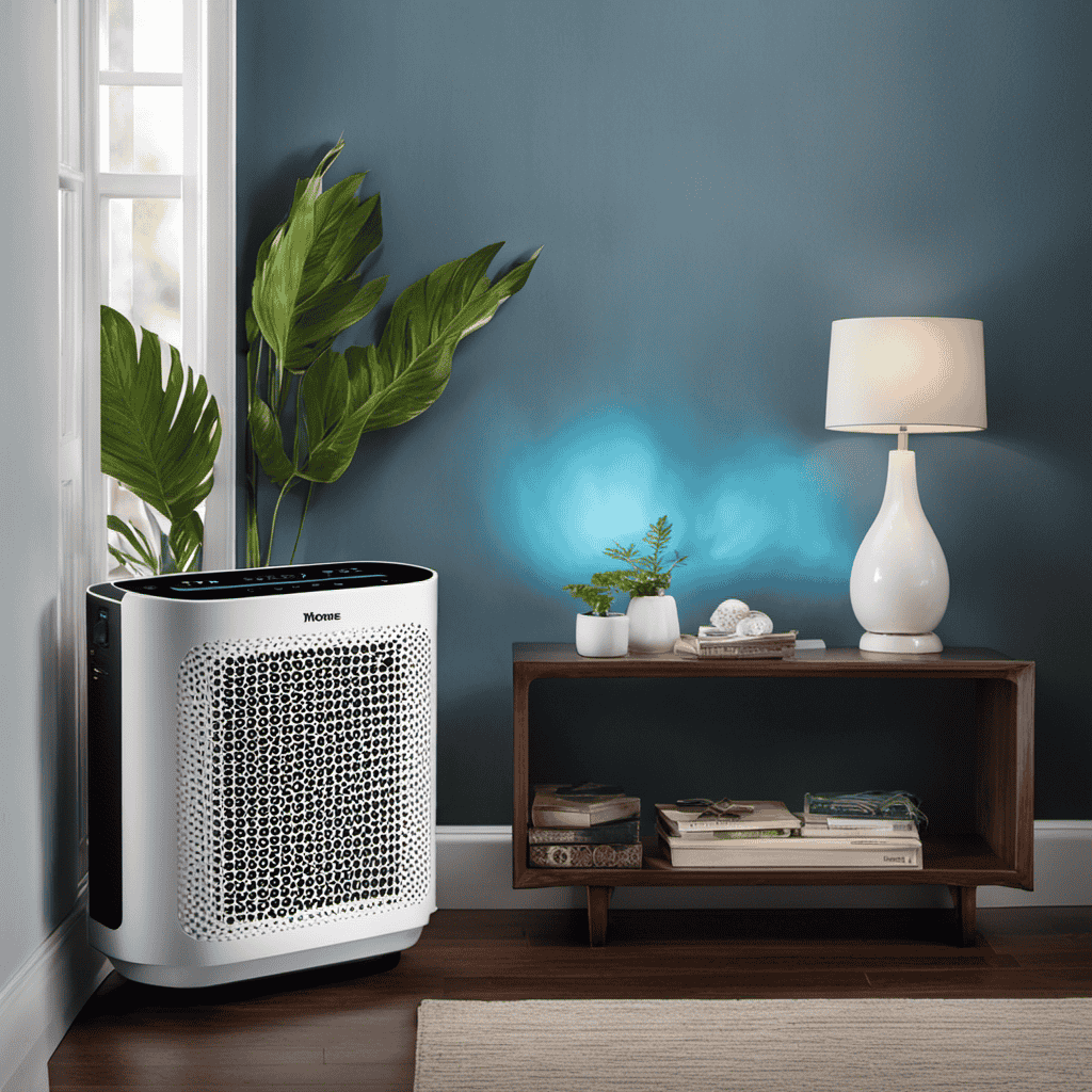 An image showcasing a Holmes Air Purifier with a soft blue glow emanating from its control panel, illuminating a dimly lit room