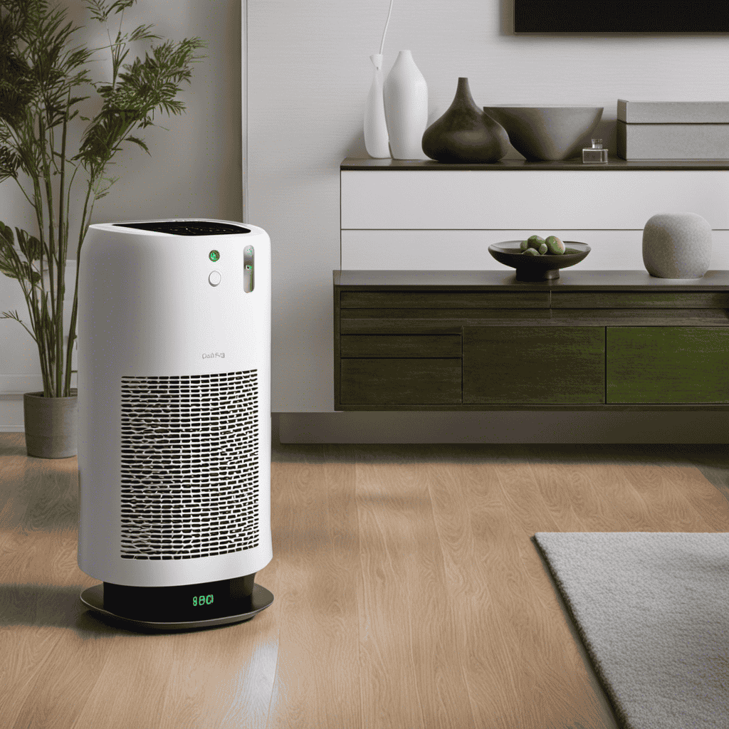 An image featuring a close-up of the B-1000 Air Purifier, showcasing its sleek design, with a green LED light gently emanating from the control panel, indicating optimal air quality