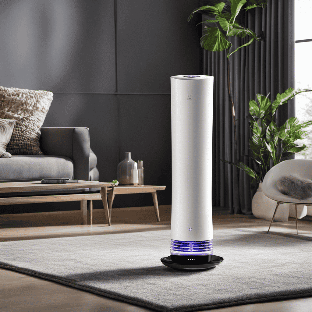 An image showcasing an air purifier emitting streams of charged ions that effectively neutralize airborne pollutants, capturing them in a vibrant swirl of colors while leaving the surrounding air fresh and clean