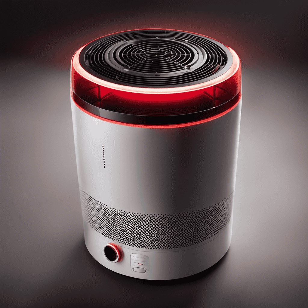 An image showcasing a close-up of a Honeywell air purifier with a red indicator light illuminated, casting a soft, warm glow in a dimly lit room, capturing the intrigue of the mysterious red light