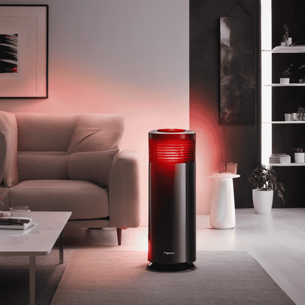 An image of a Therapure Air Purifier with a prominent red light glowing, indicating a "Replace Filter" warning