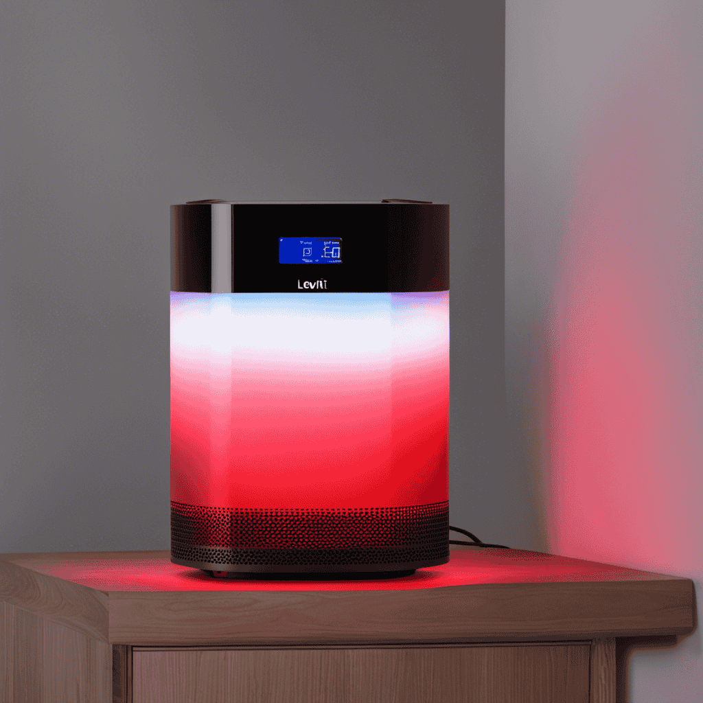 An image showcasing a Levoit Air Purifier with a vibrant red light illuminated, indicating a potential issue