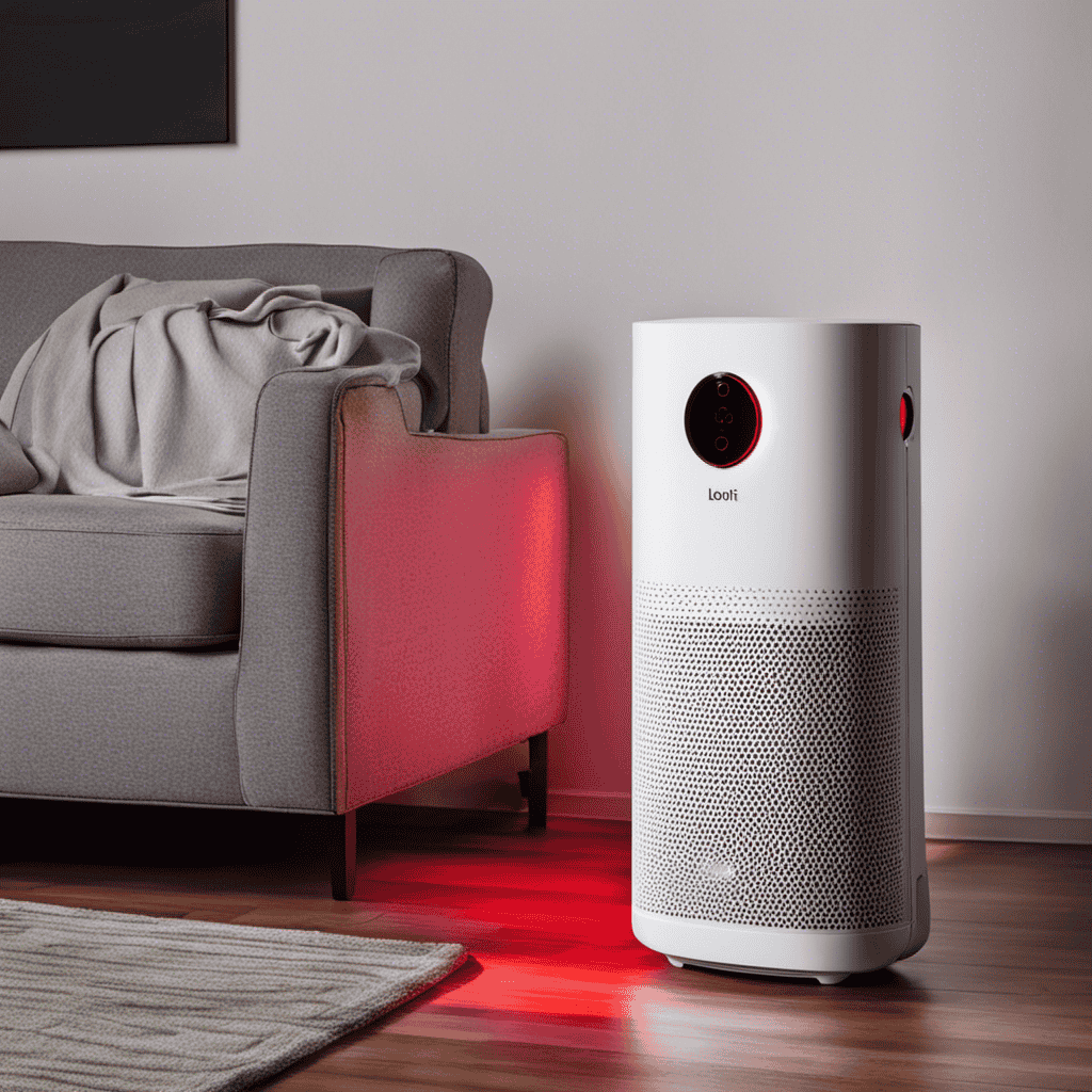 An image of a Levoit air purifier with a red LED indicator glowing prominently, contrasting against a clean, white background