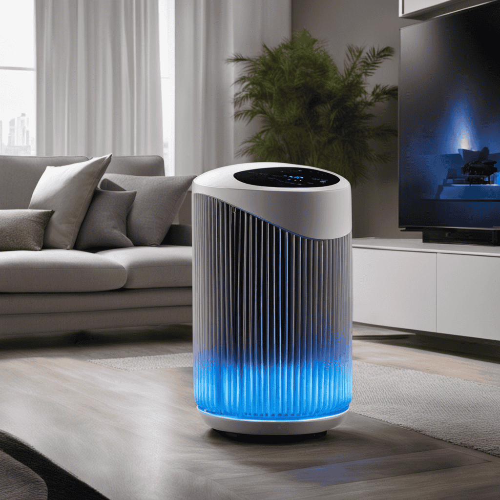 An image that portrays an air purifier emitting a soft, blue UV light, showcasing its ability to neutralize harmful airborne pathogens