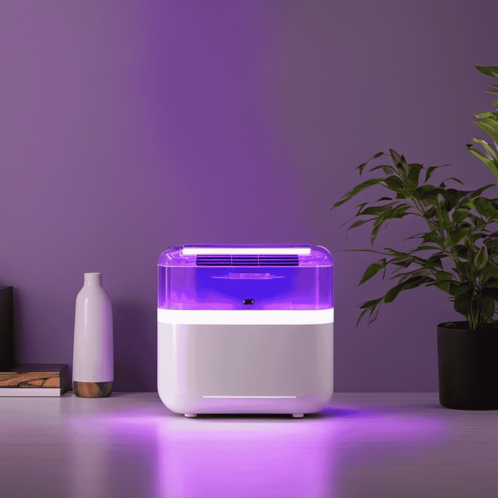 An image showcasing an air purifier with a transparent UV light chamber, emitting a soft purple glow