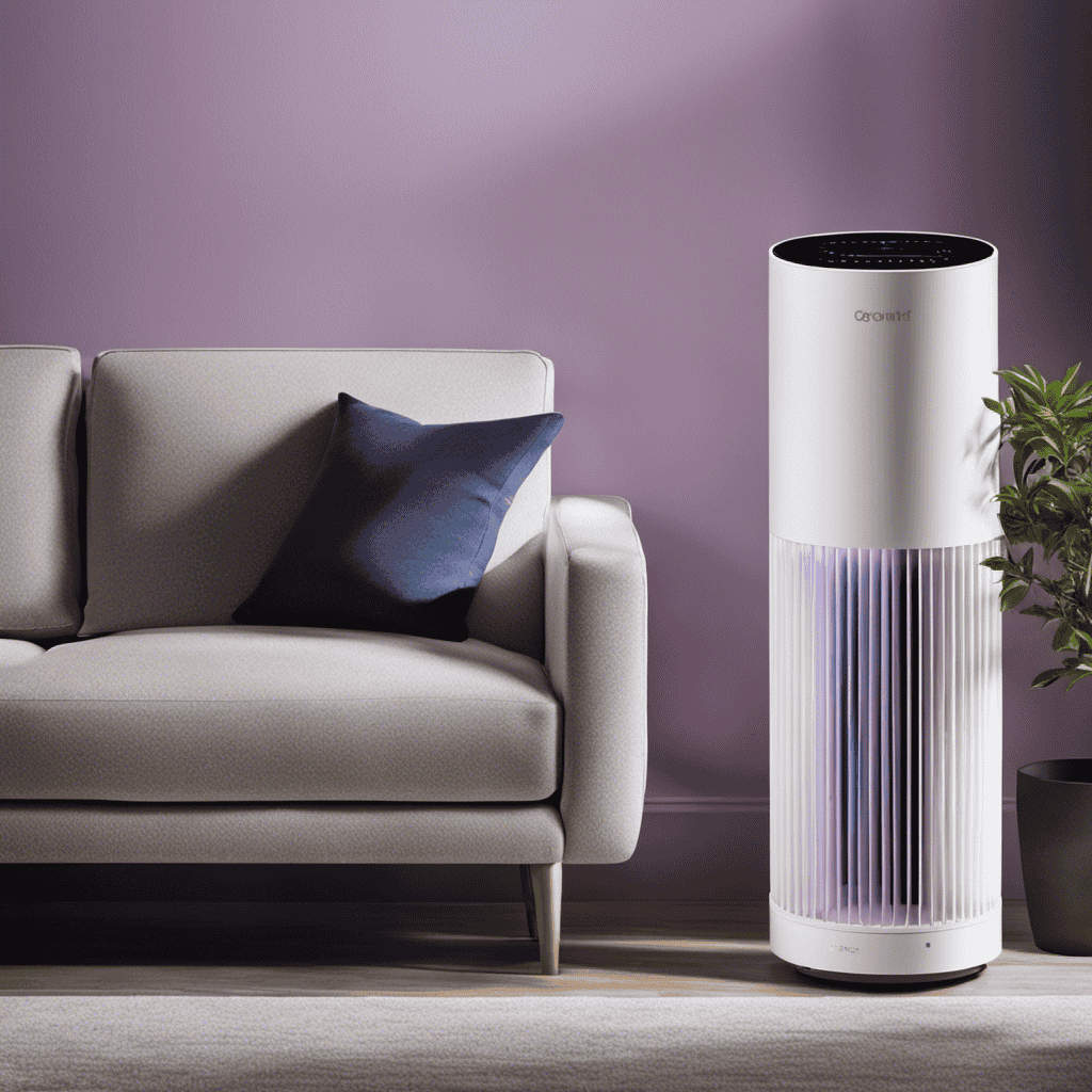 An image showcasing an air purifier's UV feature: depict a sleek device emitting a soft violet glow, with tiny UV-C rays breaking down harmful microorganisms, surrounded by clean, fresh air