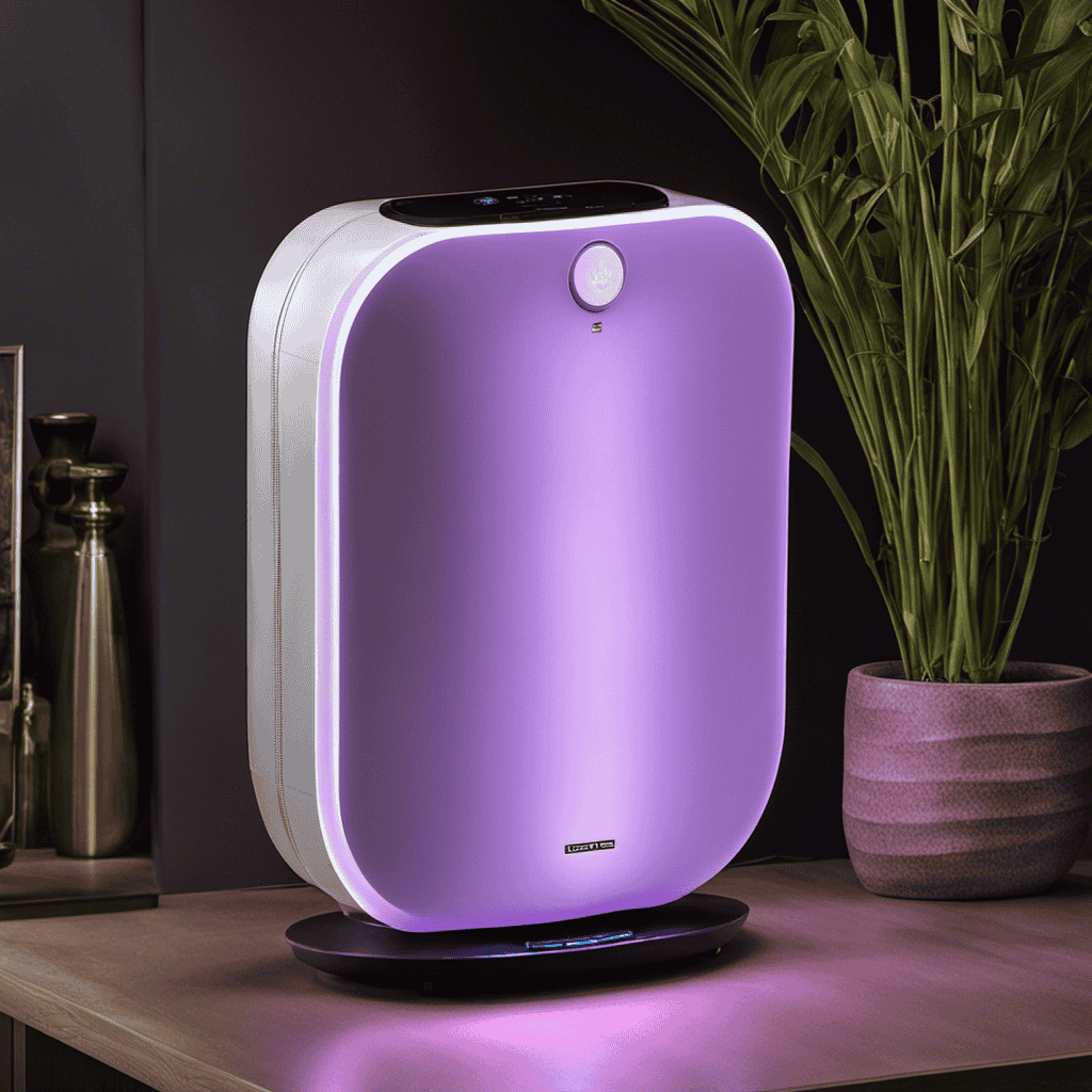 An image that showcases an air purifier with a UV light emitting a soft, violet glow
