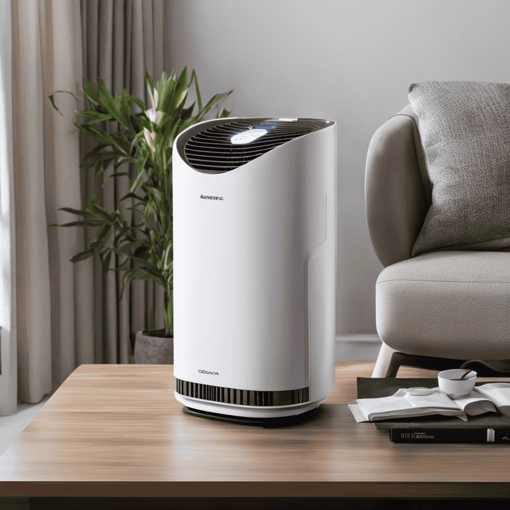 An image that depicts an air purifier with a built-in UV light technology, showcasing the invisible UV rays penetrating the air molecules, neutralizing harmful pathogens, and leaving the purified air fresh and clean