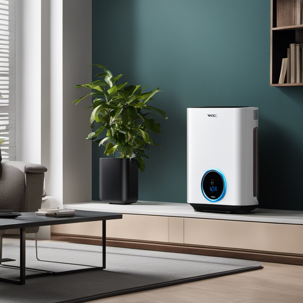 An image showcasing an air purifier with a digital display panel