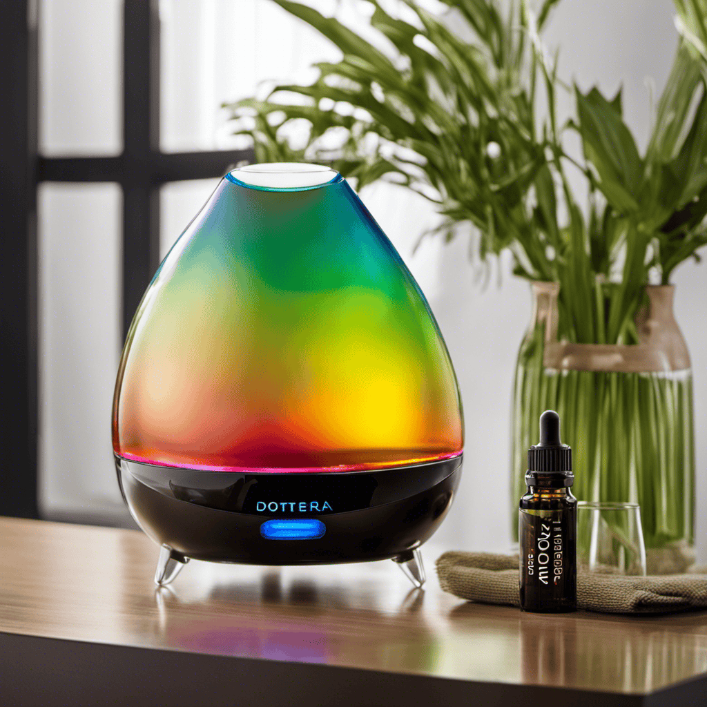 An image showcasing a vibrant, sparkling rainbow air purifier being delicately cleaned with a droplet of Doterra oil