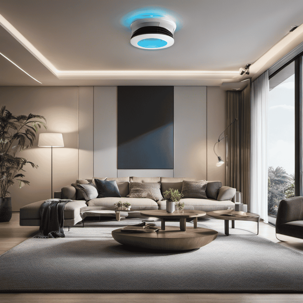 an image capturing a well-lit living room with an air purifier seamlessly blending into the decor