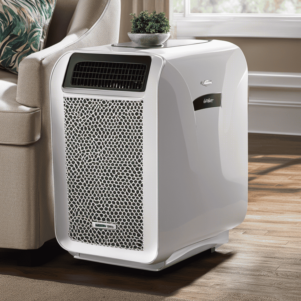 An image showcasing the Hunter Air Purifier Model Number 30747 with a close-up view of its removable filter