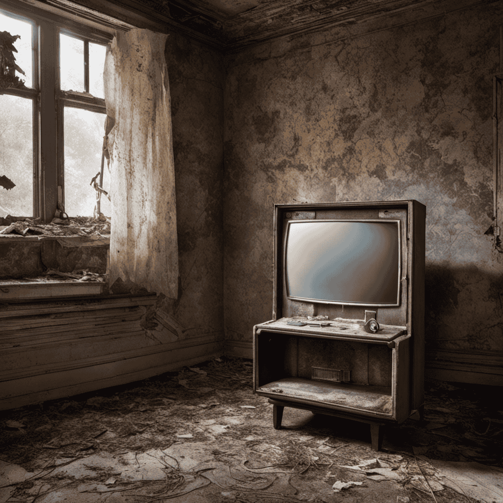 An image of a dilapidated, dusty room with faded wallpaper peeling off the walls