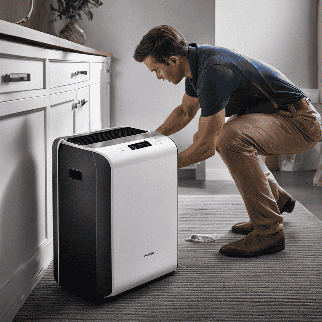 An image depicting a person removing a dirty HEPA filter from an air purifier, then carefully washing it under running water