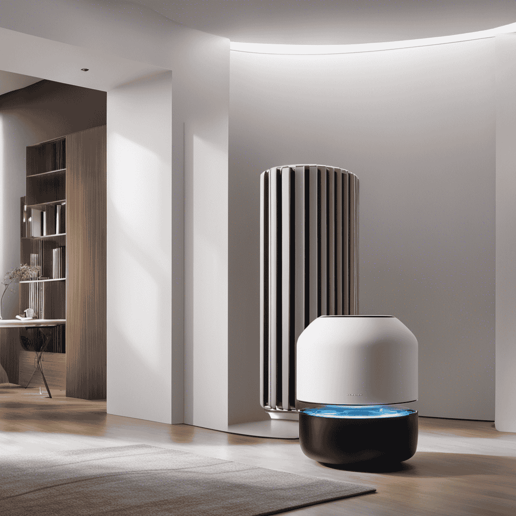 An image showcasing a spacious room engulfing a tiny air purifier, highlighting the stark contrast in scale