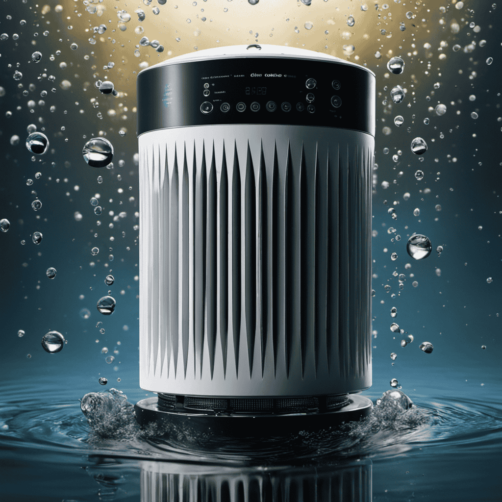 An image depicting an air purifier submerged in water, with droplets cascading off its wet filters