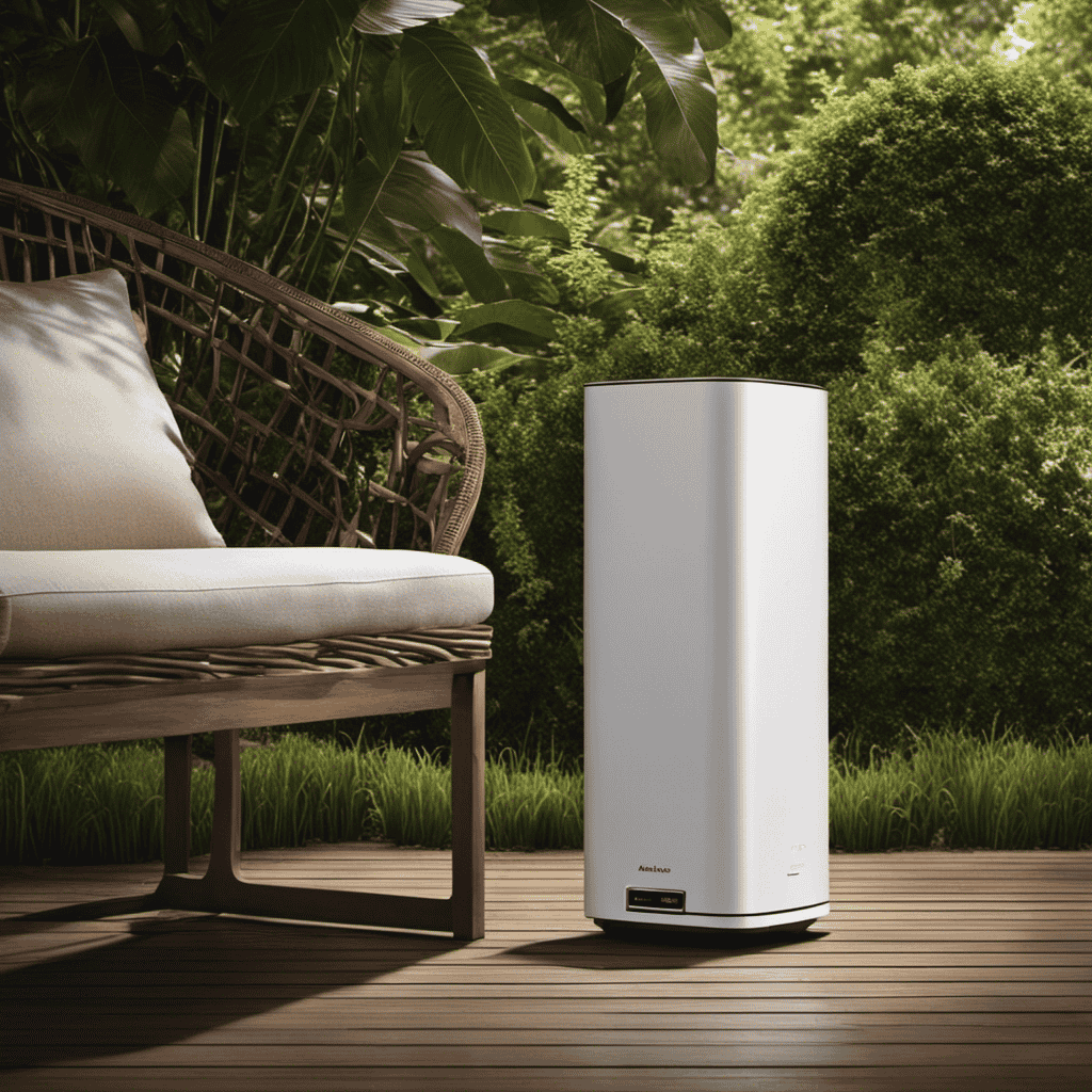 An image showcasing an outdoor setting with a person running an air purifier