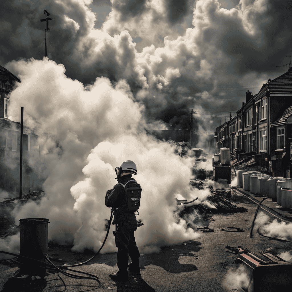 An image capturing the aftermath of tooting into an air purifier: a bewildered person standing amidst a cloud of gas, while the purifier's filters strain to process the unexpected emission, capturing the humorous and unexpected consequences