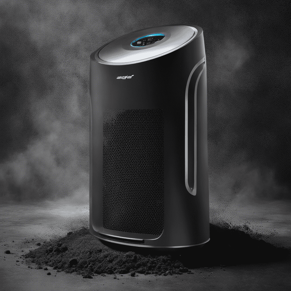 An image of a dusty, neglected air purifier covered in grime and cobwebs, with a layer of thick, gray dirt on the filter