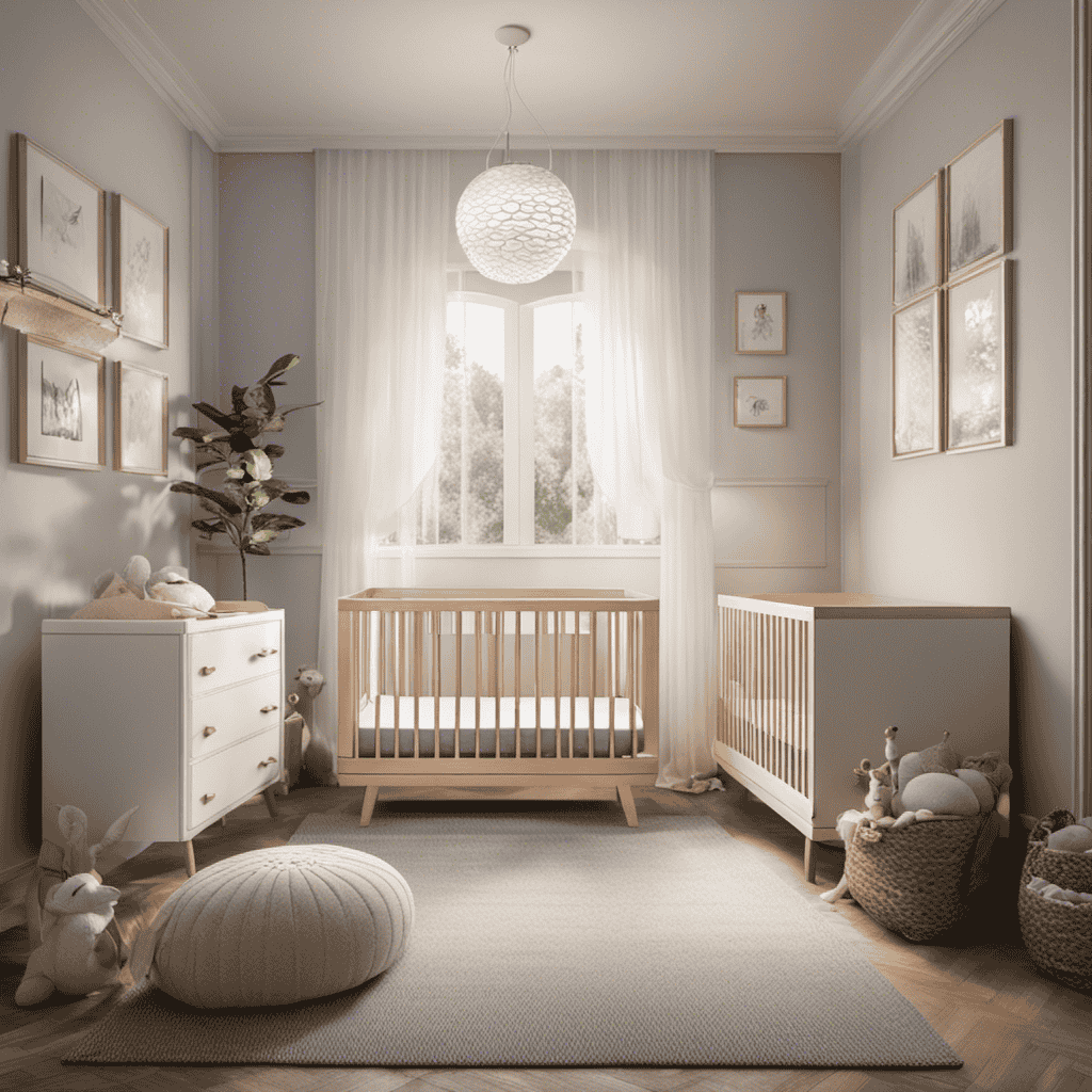 An image featuring a cozy nursery with a baby peacefully sleeping in a crib, surrounded by a humidifier emitting a soothing mist on one side, and an air purifier quietly filtering the air on the other