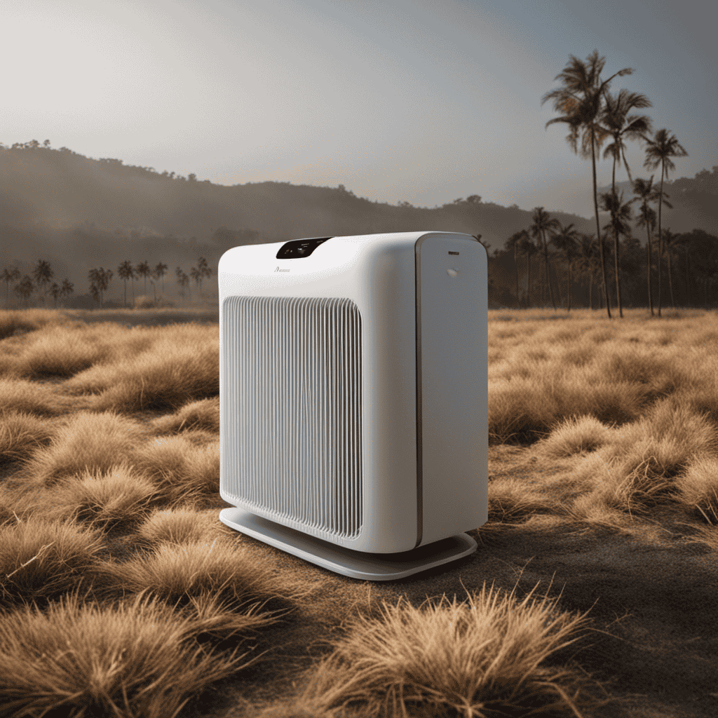 An image showcasing an air purifier covered in a thick layer of dust and debris, with particles visibly escaping the polluted environment, highlighting the consequences of neglecting to change air filters