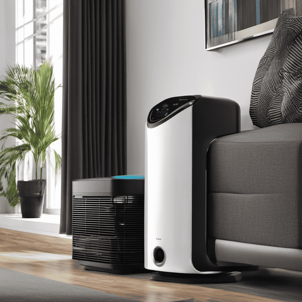 An image showcasing a 3-stage air purifier, featuring a sleek, modern design with three distinct layers: a pre-filter trapping large particles, a HEPA filter capturing allergens, and an activated carbon filter removing odors and harmful gases
