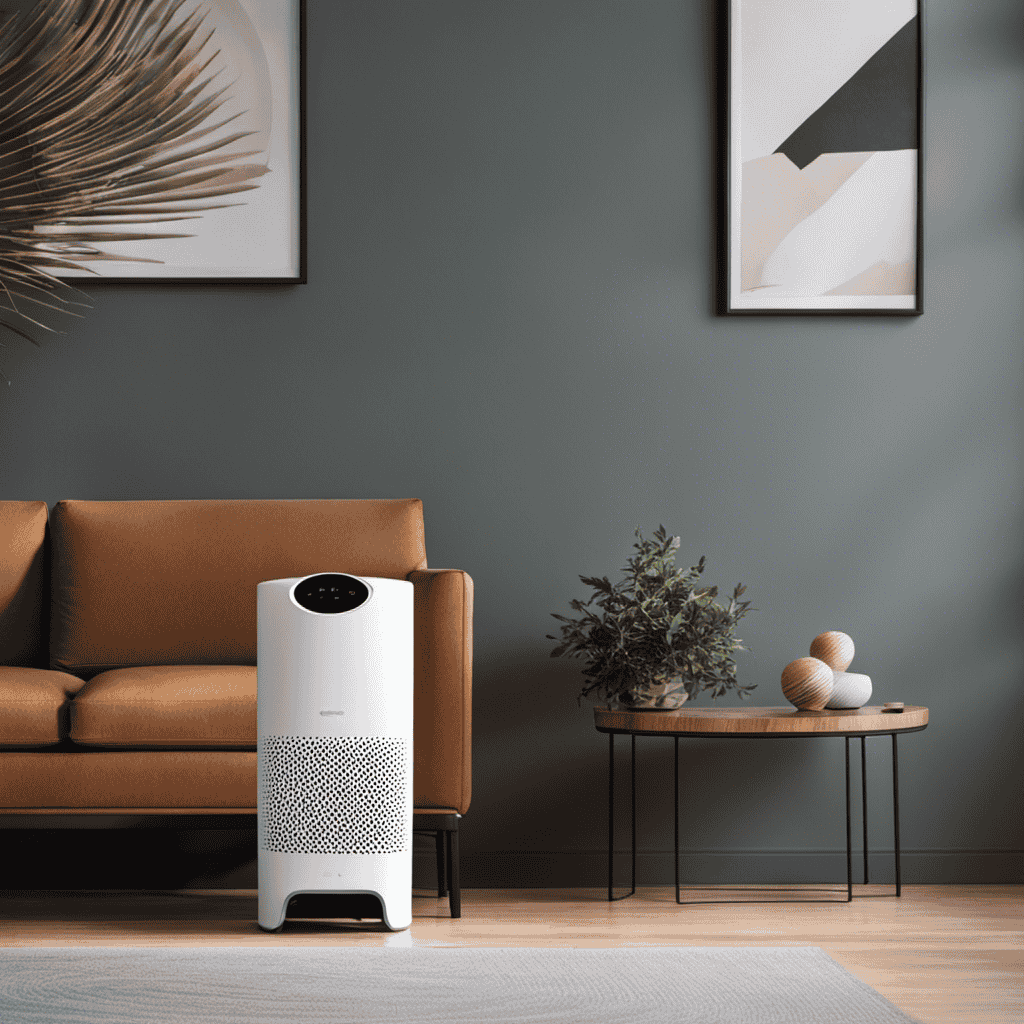 An image showcasing a sleek, compact 3 in 1 air purifier in a modern living room