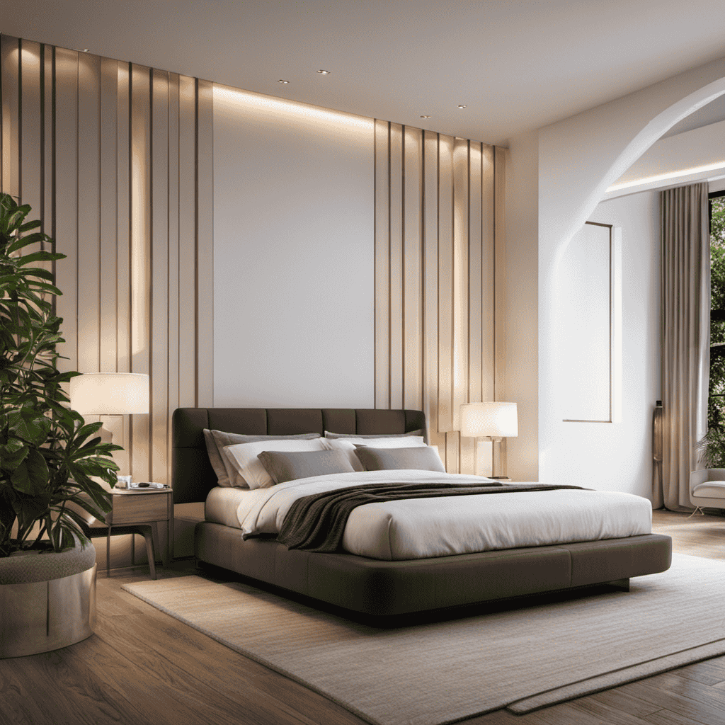 An image showcasing a serene bedroom environment with an air purifier softly humming in the background