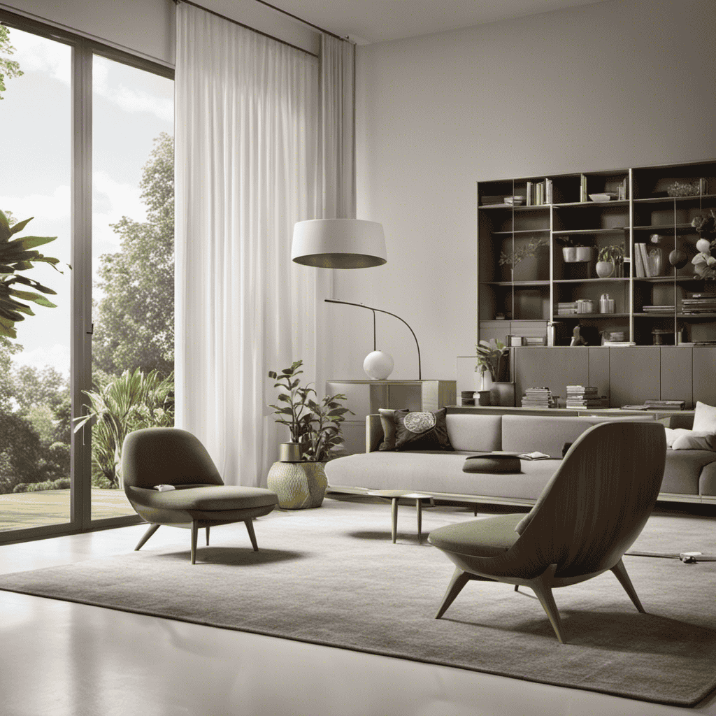 An image showcasing a serene living room with a modern air purifier quietly humming in the corner, effortlessly eliminating dust particles, allergens, and pollutants from the air